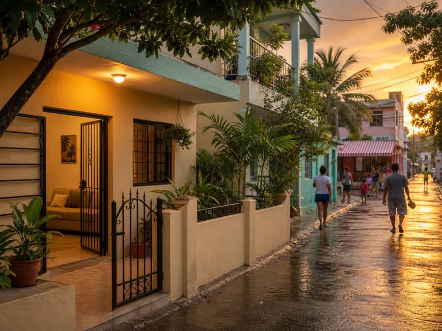 Calle dominicana acogedora con casas en alquiler
